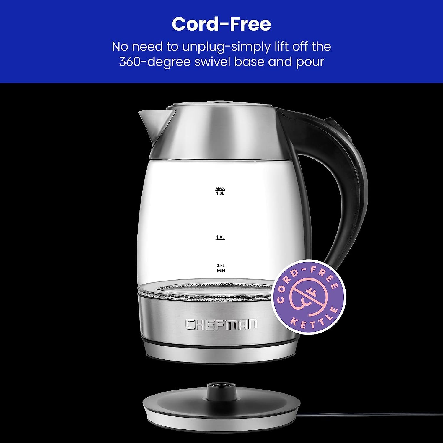 Chefman Tetera con Jarra de Cristal | Hervidor Eléctrico de 1.8 Litros | Base de 360 Grados | Acero inoxidable
