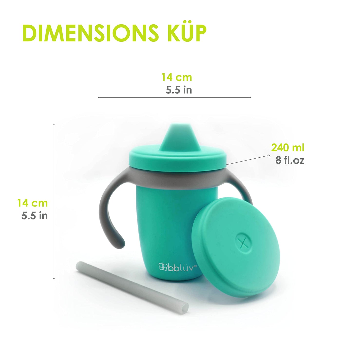 bblüv – Küp – Taza de transición duradera a prueba de derrames 4 en 1 para niños y niños – Taza de silicona de grado alimenticio para bebé, aguamarina, 240 ml