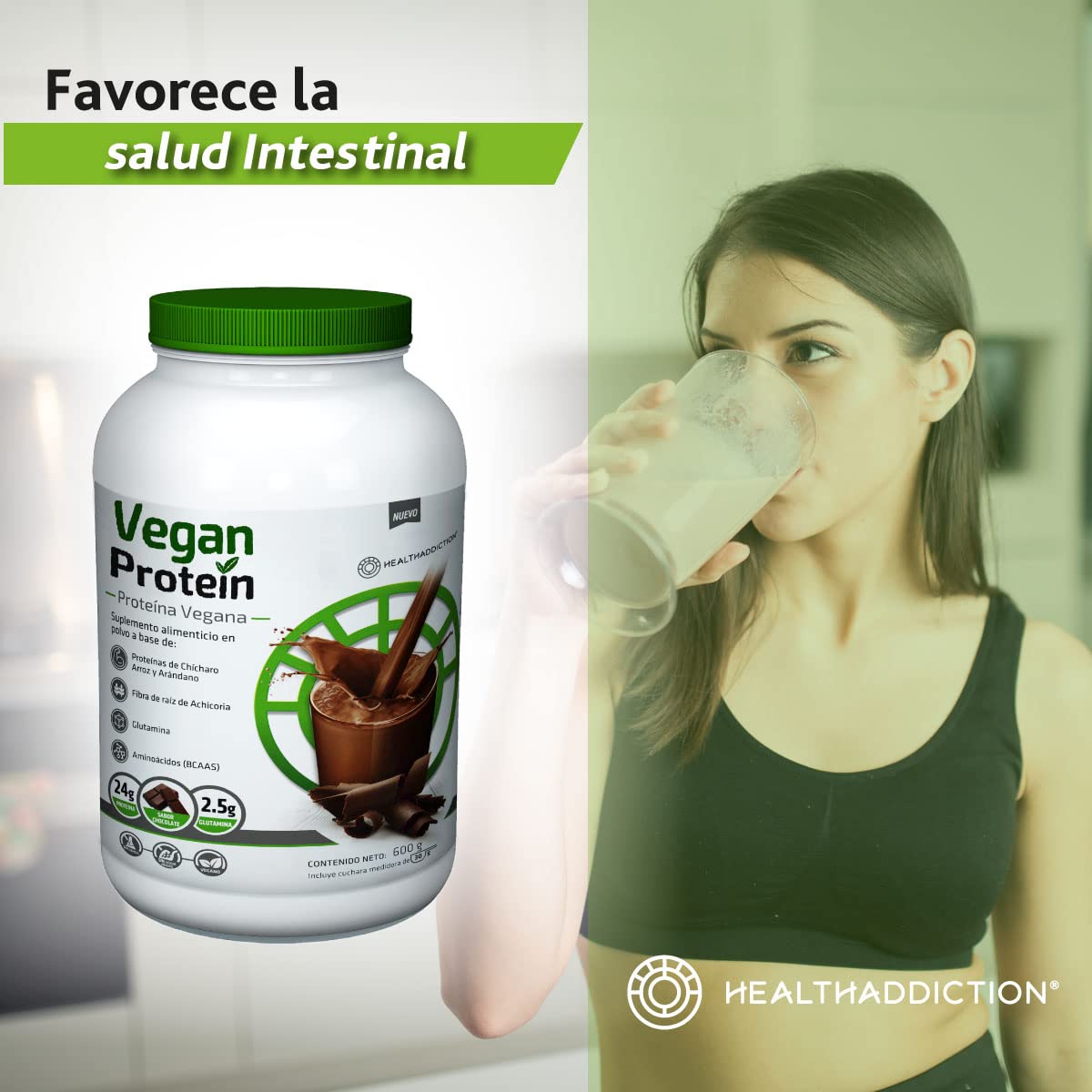 HEALTHADDICTION Proteína Vegana - Delicioso Sabor Chocolate, Con Glutamina y Aminoácidos, 24g de Proteína y 2.5g de Glutamina - Ingredientes Naturales, 600g