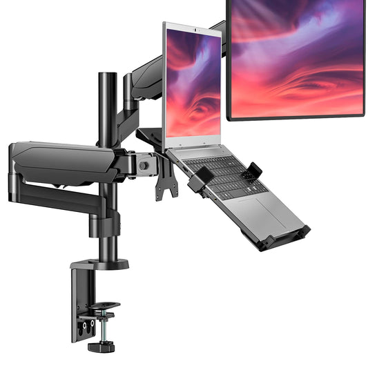 Soporte de Montaje para Monitor y Portátil WALI Negro con Brazo de Resorte de Gas para Portátiles de hasta 15.6" y Monitores de hasta 32"