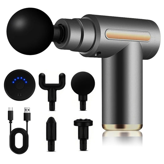 Pistola de Masaje Muscular con 4 Cabezas, Masajeador Portatil Muscular Mini Masajeador de Tejido Profundo Ajustables Massage Gun, Masaje Profesional Para Musculos, Ligamentos y Tejidos, Carga USB (Gris)