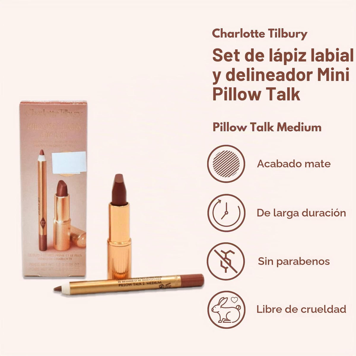 CHARLOTTE TILBURY- Kit de maquillaje para labios Pillow Talk Duo de Charlotte Tilbury, tamaño mediano, para viaje, en formato mini