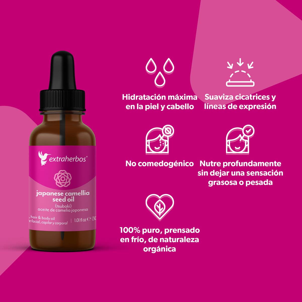Extraherbos Aceite de Camelia Japonés Prensado en Frío 30ml – Aceite Tsubaki Orgánico para Rostro y Cabello | Efecto Piel de Porcelana, Antiarrugas – Hidratante No Comedogénico
