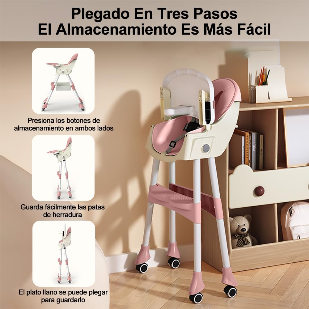 SLNXA Silla Alta para Bebé Multifuncional Silla de Comedor, Sillón y Mecedora en Uno con Ruedas Universales, Plato Llano Doble Extraíble, Cesta de Almacenamiento y Cojín de PU, Ajustable Plegable (Rosa)