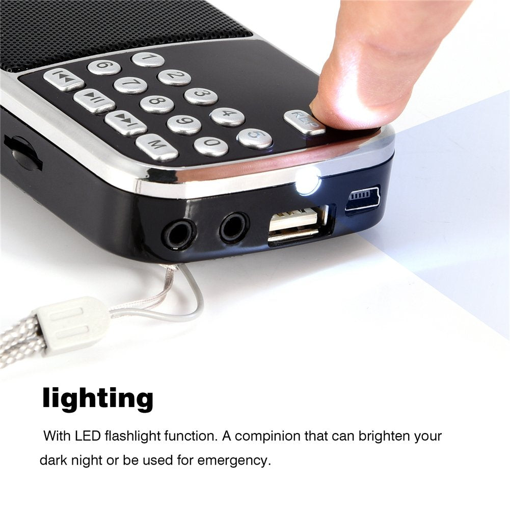 Ciglow Radio FM, Mini Portátil de Audio Digital Reproductor de Música Altavoz con Linterna LED Soporte TF Tarjeta USB AUX