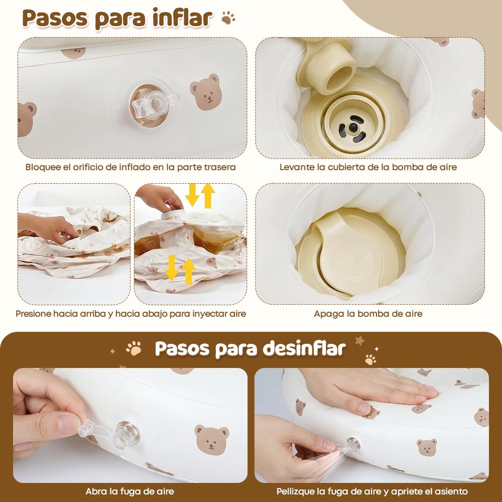 Asiento Inflable Circundante para Bebés, Respaldo Inflable Sofá, Silla Inflable Plegable, Bomba De Aire Incorporada y Bandeja, Adecuado Para Que Los Niños Coman Y Se Bañen (Oso Pardo)