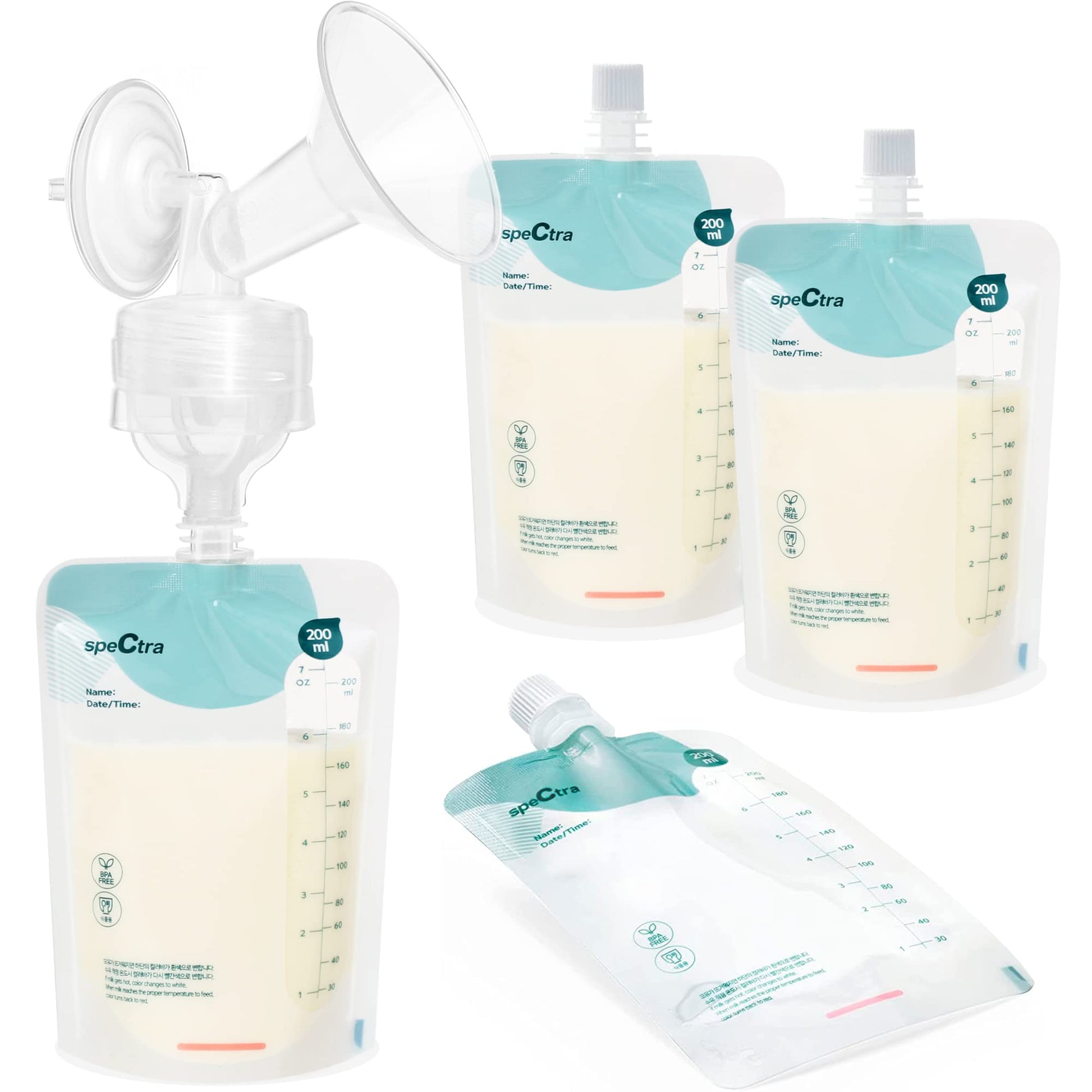 Kit de Bolsas de Almacenamiento Espectra Transparente Original para Leche Materna con Conector para Copa y Tetina