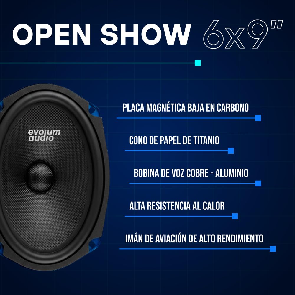 Evolum Audio - Kit Bocinas Medio Rango - Sonido Claro y Potente - Cono de Papel de Titanio - Potencia RMS de 150 W - Materiales de Calidad - Fácil Instalación - Modelo Open Show (6x9 in)