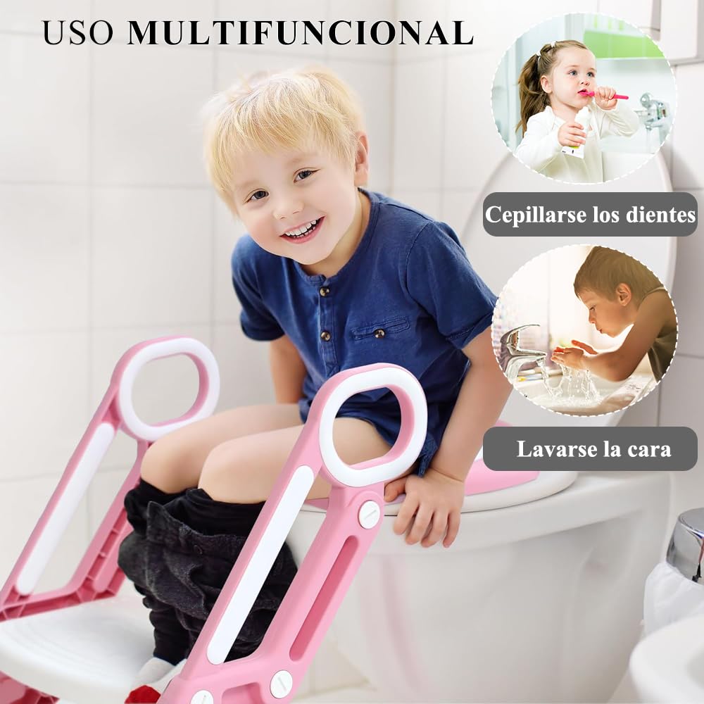 Baño Entrenador Niño, Asiento Entrenador para Baño con Tapizado y Escalera Antideslizante, Plegable Escalera para Baño Niños, Fácil de Guardar, Asiento Ergonómico, Edad de 3 a 10 Años, Verde Azulado