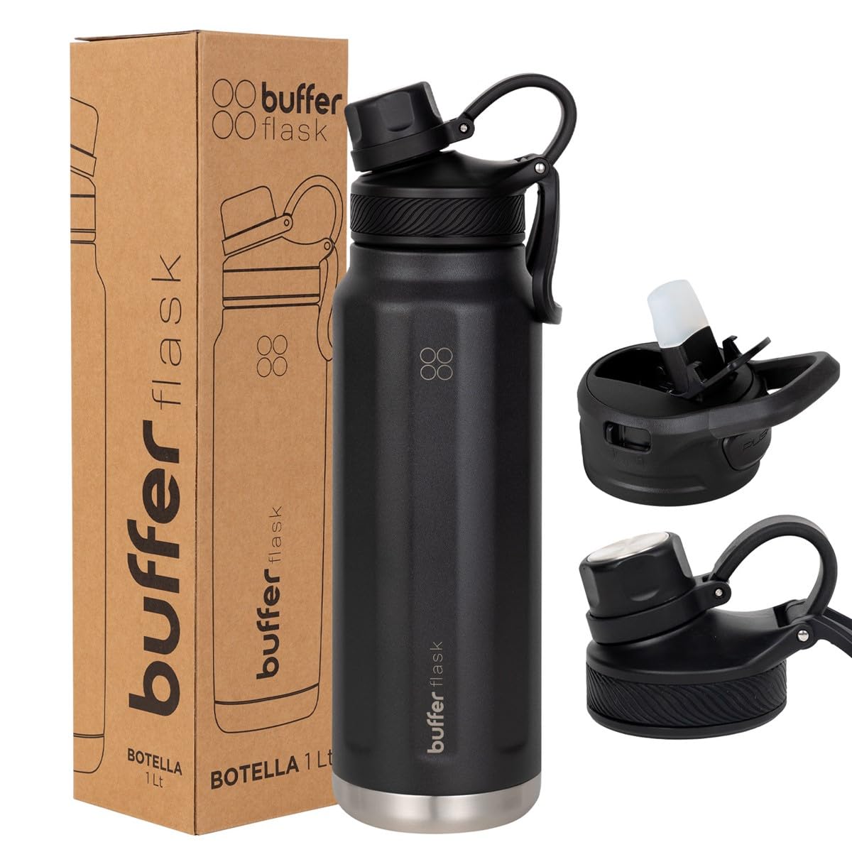 BUFFER FLASK - Termo de Acero Inoxidable | Botella Aislante para Bebidas, Agua Fría (24 horas) o Caliente (12 horas) | Antigoteo, Hermético| Incluye tapas | 1000 ml - 32 Oz| Color Black
