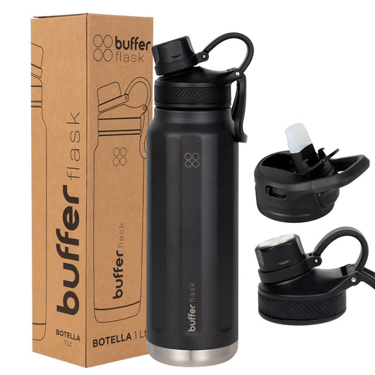 BUFFER FLASK - Termo de Acero Inoxidable | Botella Aislante para Bebidas, Agua Fría (24 horas) o Caliente (12 horas) | Antigoteo, Hermético| Incluye tapas | 1000 ml - 32 Oz| Color Black