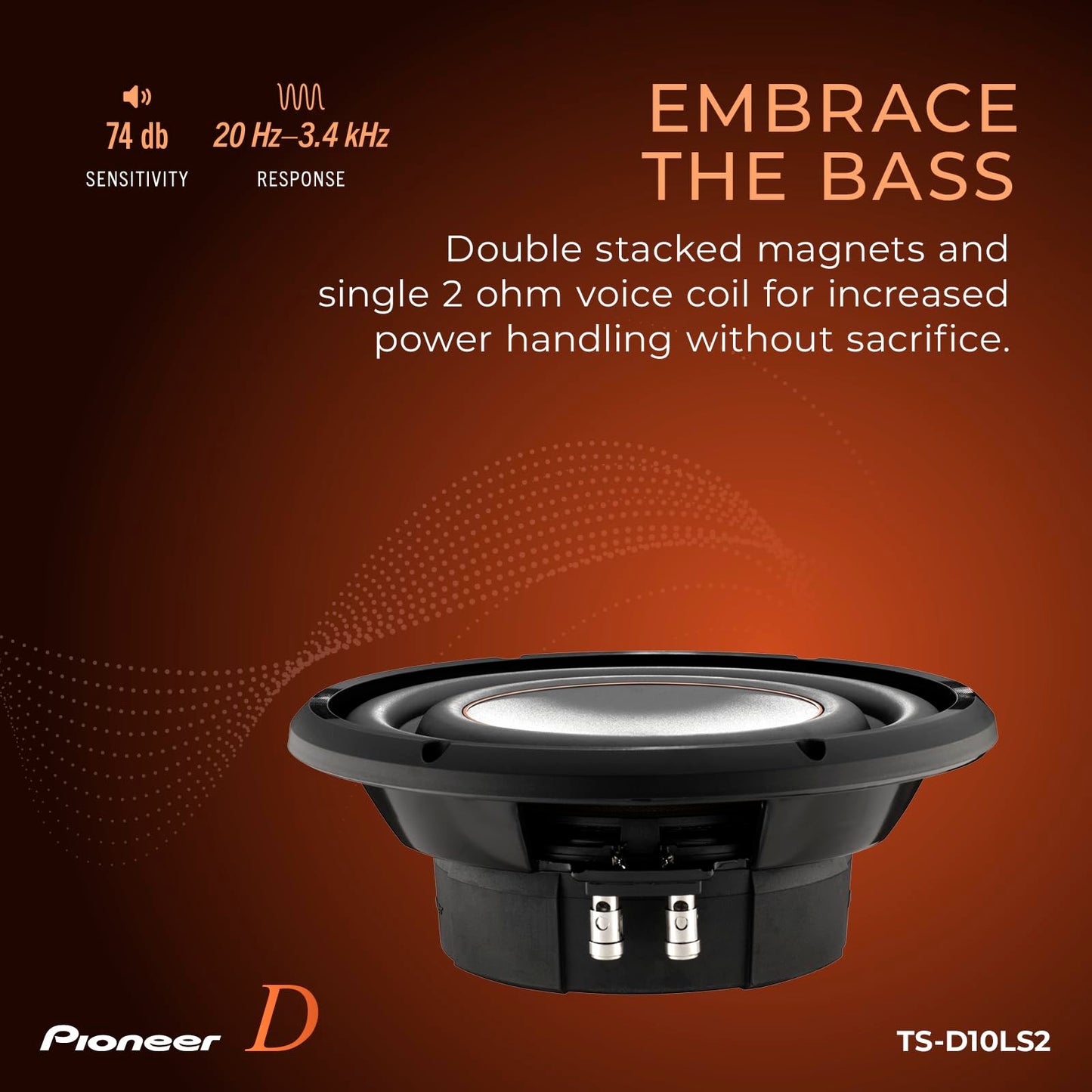 PIONEER D-Series TS-D10LS2 Subwoofer de Alto Rendimiento de 10 Pulgadas – 1200 W máximo, diseño de Montaje Superficial, Bobina de Voz de 2 ohmios, Graves Profundos en Espacios reducidos, Compacto