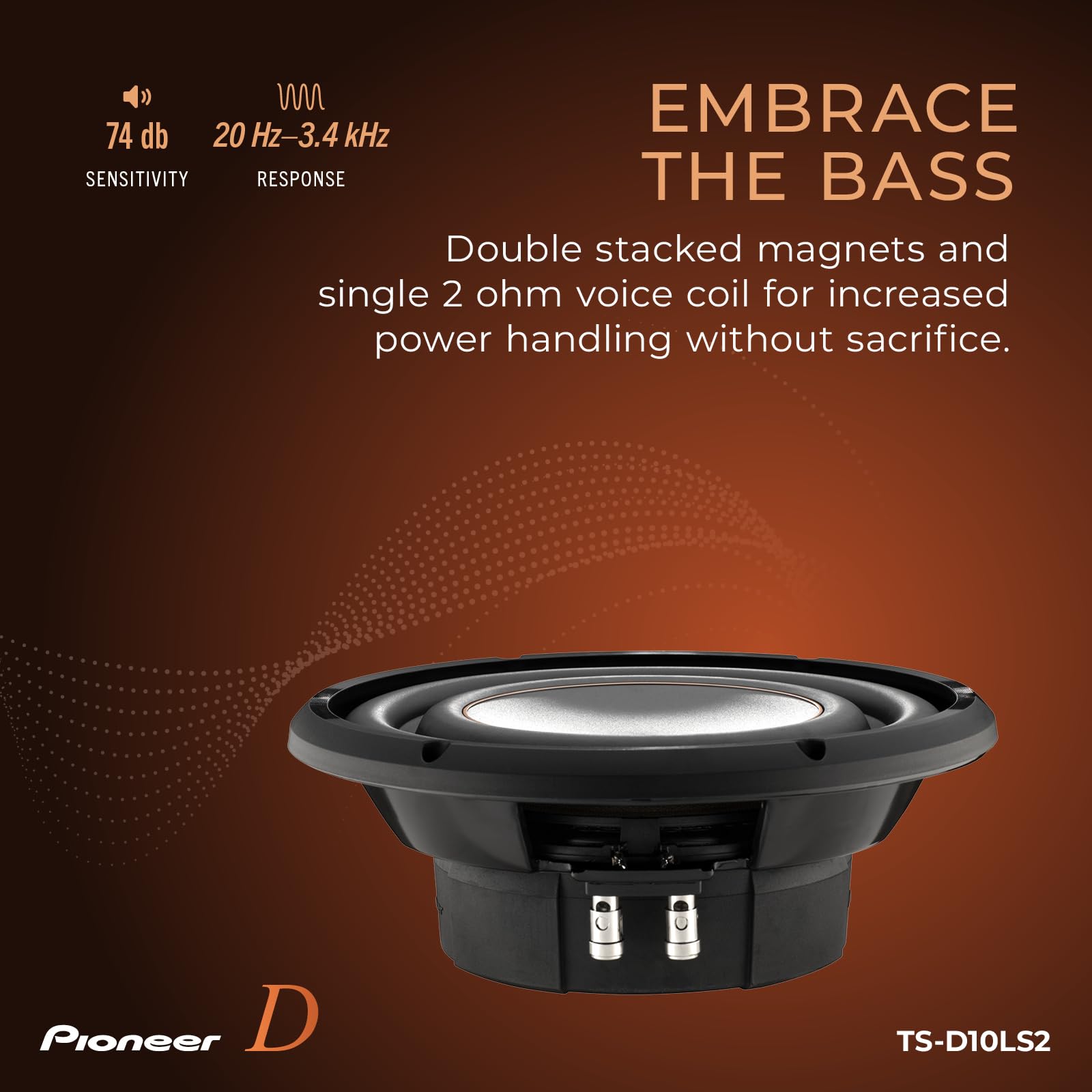 PIONEER D-Series TS-D10LS2 Subwoofer de Alto Rendimiento de 10 Pulgadas – 1200 W máximo, diseño de Montaje Superficial, Bobina de Voz de 2 ohmios, Graves Profundos en Espacios reducidos, Compacto