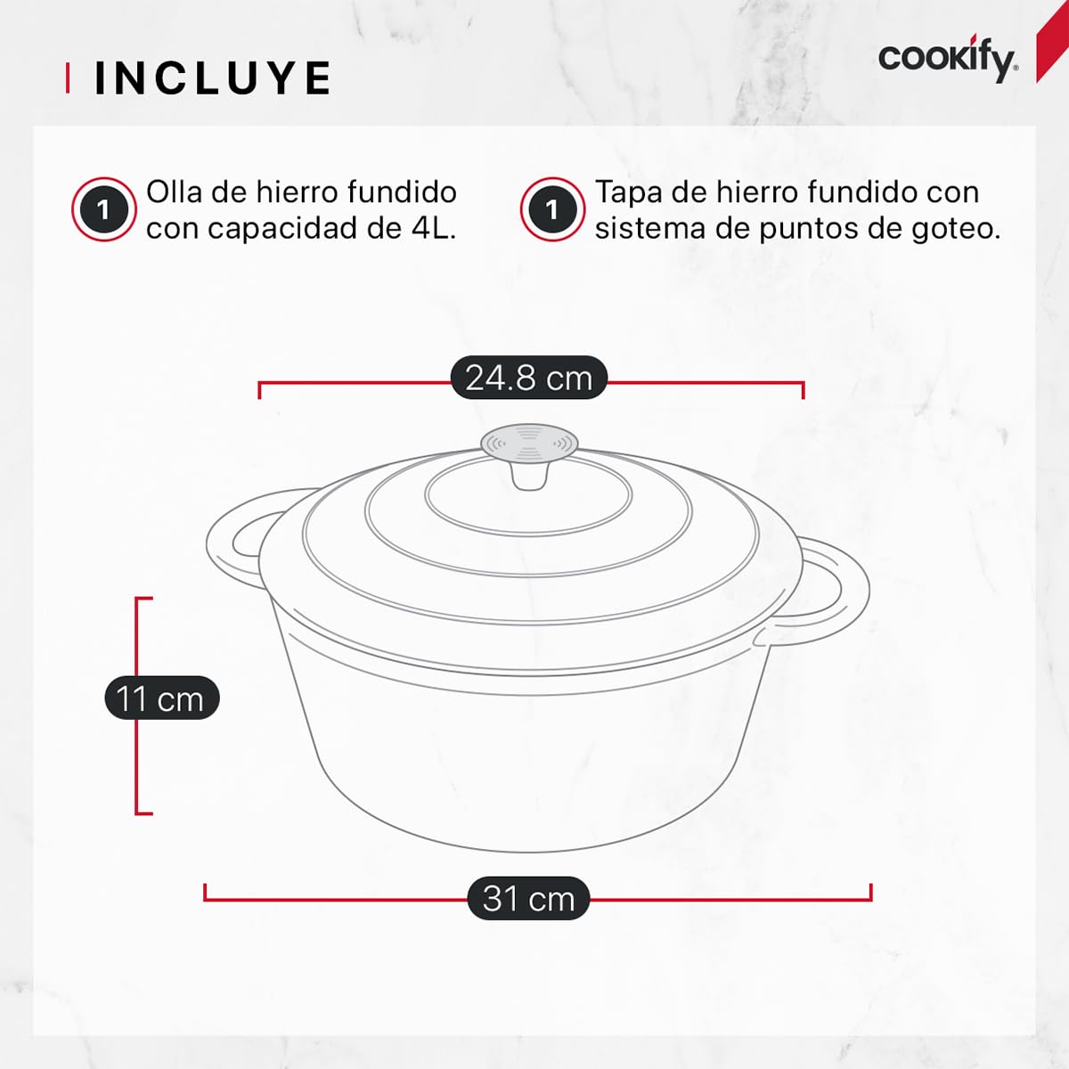 Cookify Olla de Hierro Fundido Esmaltado para Horno y Estufa, Horno Holandés Capacidad 4 Litros Dutch Oven (Gris, 24.8 cm)