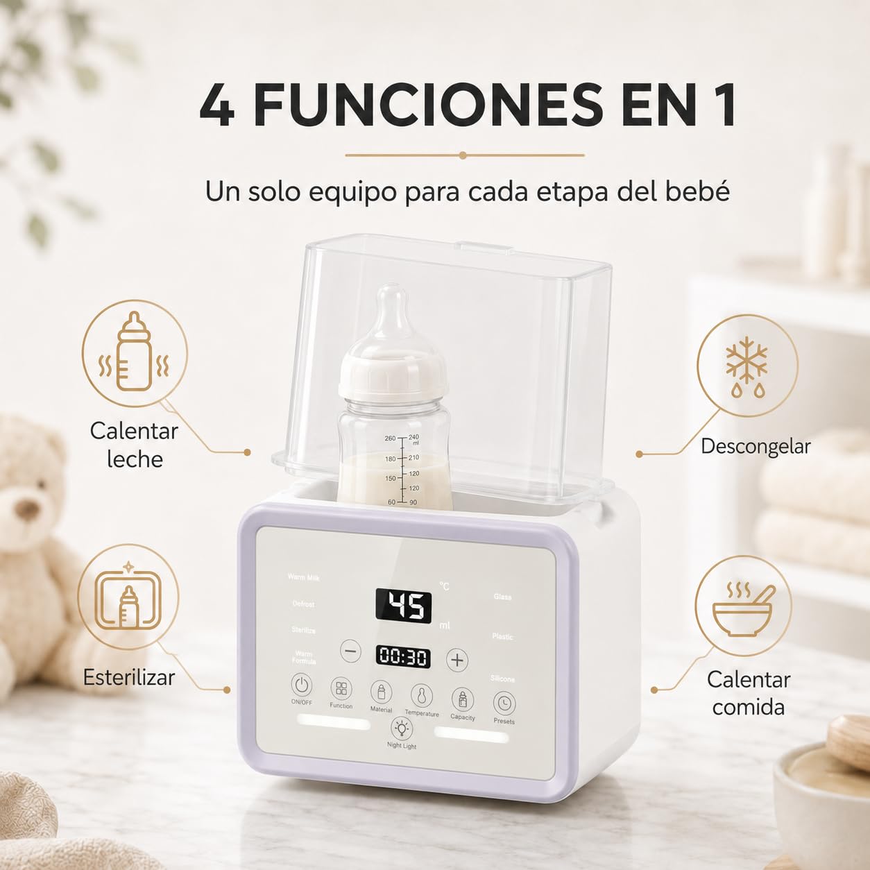 Esterilizador y Calentador de Biberones 6 en 1, Secador de Vapor para Bebé, Capacidad 2 Mamaderas, Pantalla LED Táctil, Control Preciso de Temperatura, Descongelación, Secado, Mantener Calor