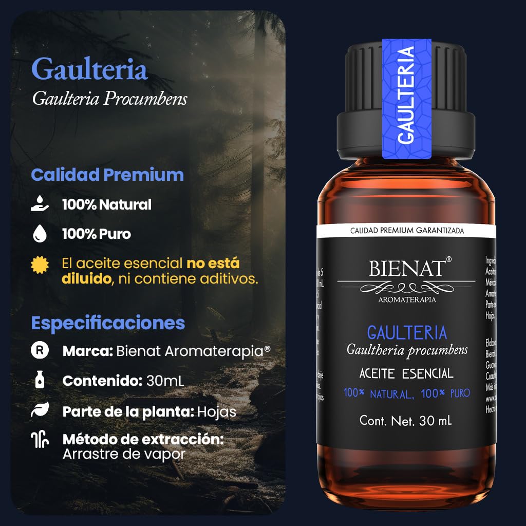 BIENAT AROMATERAPIA Aceite Esencial de Gaulteria 30mL | 100% Puro y Concentrado | Ideal para Difusor de Aromas, Humidificador, Aromaterapia, Masajes, Meditación, Jabones y Velas | Esencia Natural en Gotas