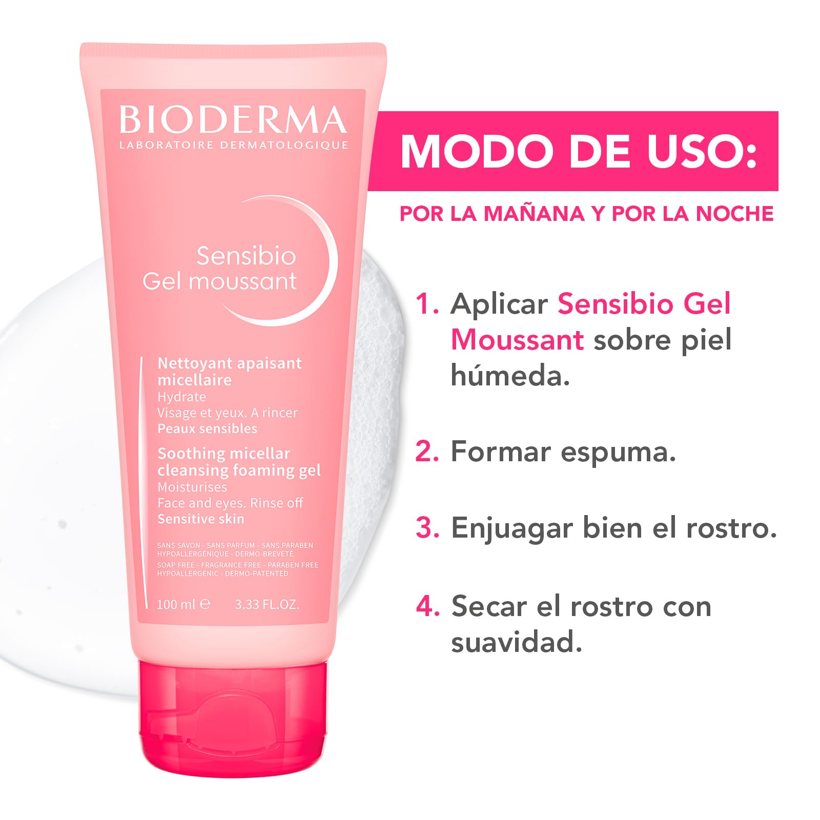 BIODERMA, Limpiador Facial, Sensibio Gel Moussant Micelar para Piel Sensible, Hidratación al instante, 100 ml