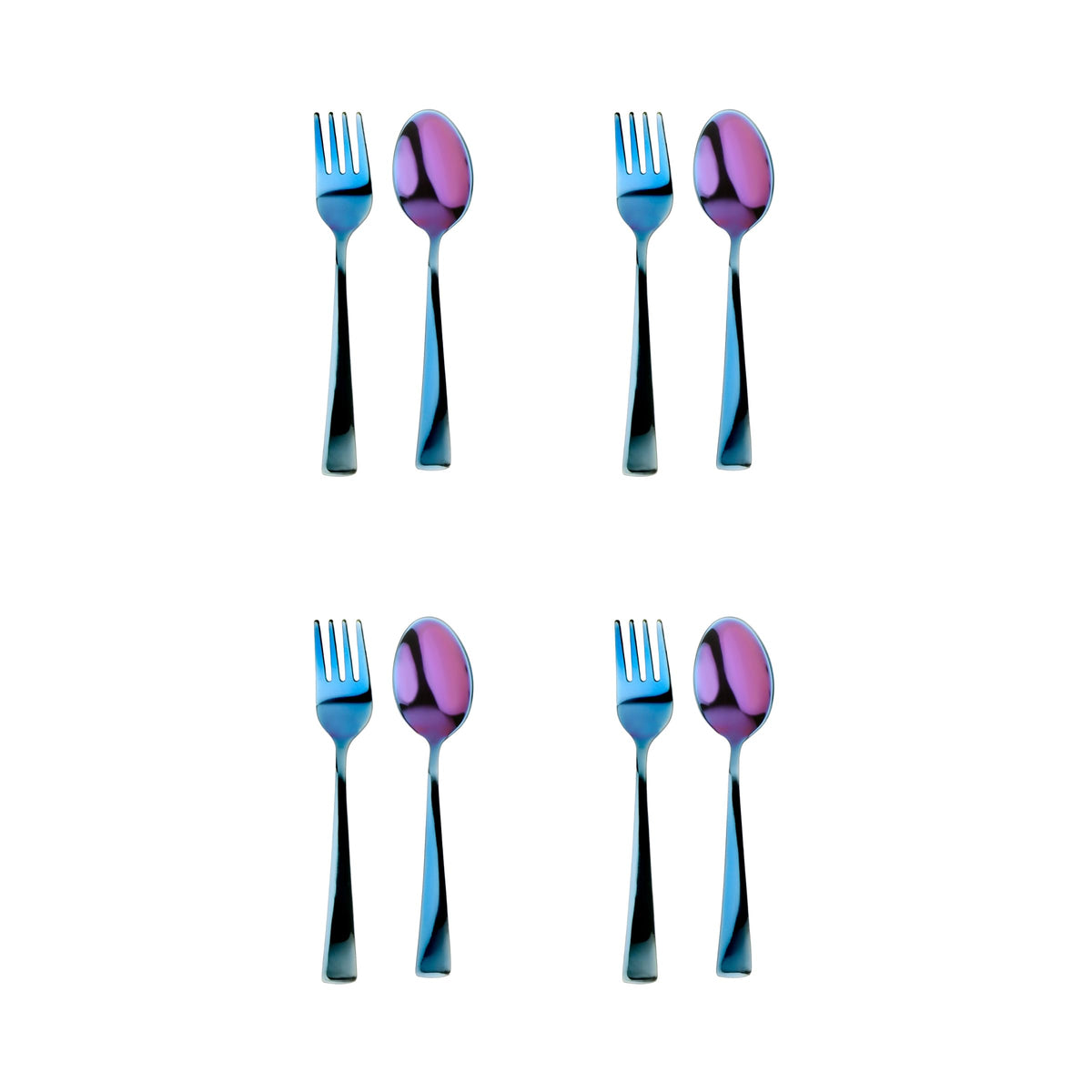 Ahimsa Utensilios de acero inoxidable para niños, juego de 8 piezas de tenedor y cuchara para niños, utensilios diseñados para pediatras, 100% sin BPA y aptos para lavaplatos (azul iridiscente)