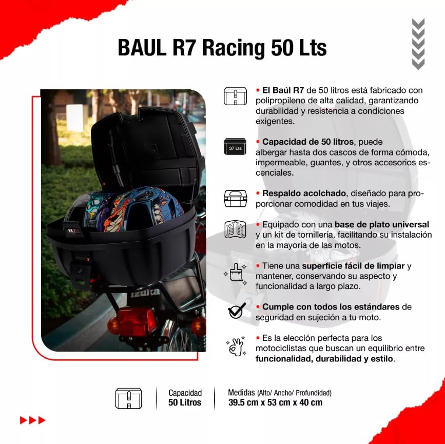 Caja Para Moto Trasero 50 Lts Con Respaldo R7 Racing