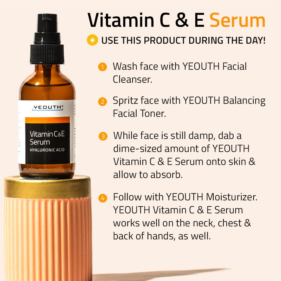 YEOUTH Suero Facial de Vitamina C con Ácido Hialurónico y Vitamina E, Vegano, Suero Antimanchas y Antiarrugas para el Rostro, Apto para Dermaroller, Combo con Hidratante Crema Solar Facial 30ml