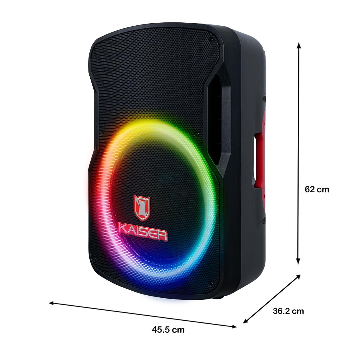 Bafle Profesional de 15 Pulgadas Circle Light 80W RMS Recargable con KSR-Link, Bluetooth, FM, USB, Micro SD, Grabadora, Micrófono Alámbrico, Control Remoto y Stand Potencia de 80w RMS MSA-6516MX