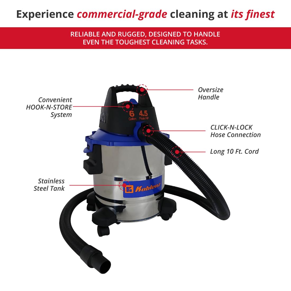 Aspiradora húmeda y seca Koblenz Acero Inoxidable Azul 6 Galones 4.5 HP