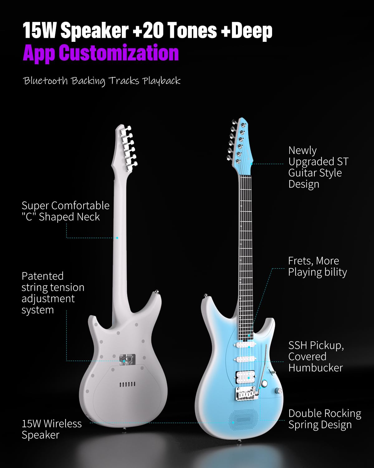 Enya Guitarra eléctrica Inspire Guitarra eléctrica inteligente de fibra de carbono de tamaño completo de 39 pulgadas con altavoz inalámbrico de 15 W, 20 tonos distintos, preajustes a bordo, bolsa de