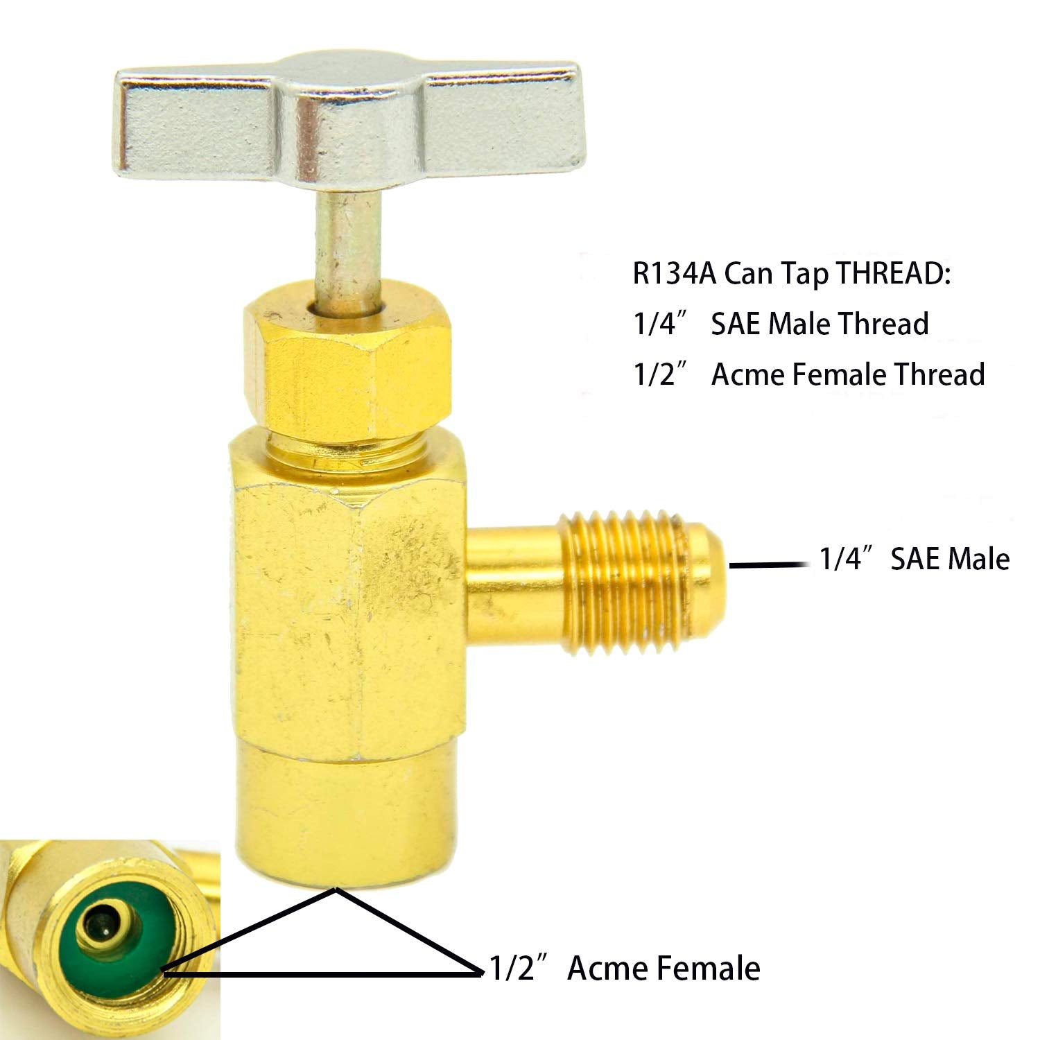 R134a Tap, R134A llave de latas autosellable, con rosca de mano derecha, R134A herramienta de válvula abridor de botellas 1/2" Acme hembra R-H, conector macho SAE de 1/4", para R134A, con manguera y manómetros