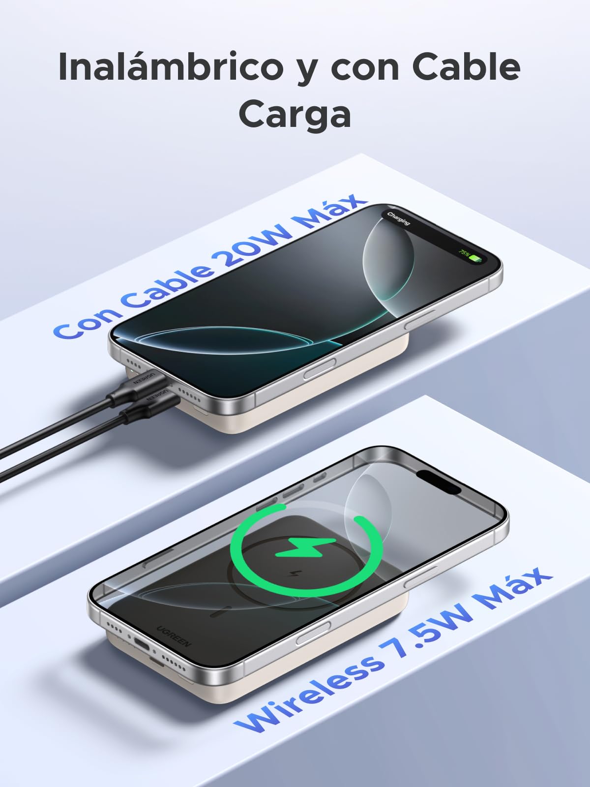 Power Bank UGREEN Blanco 10000mAh Inalámbrico Carga Rápida Magnético PD 20W USB C Compatible con iPhone, Galaxy y Xiaomi