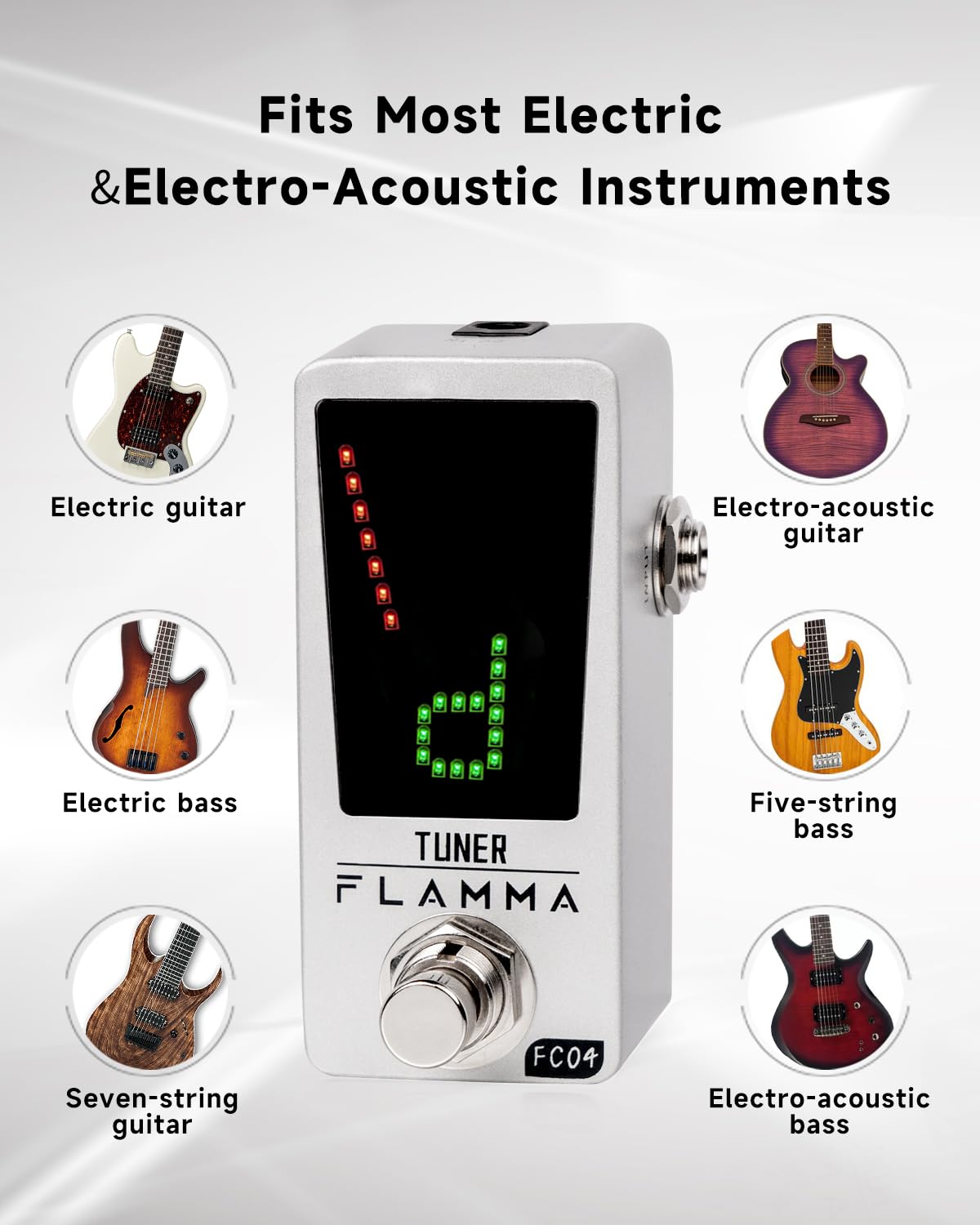 FLAMMA Afinador de Guitar FC04 Cromático, Afinador de Pedal para Guitarra y Bajo con Precisión de 1 Centavo, True Bypass