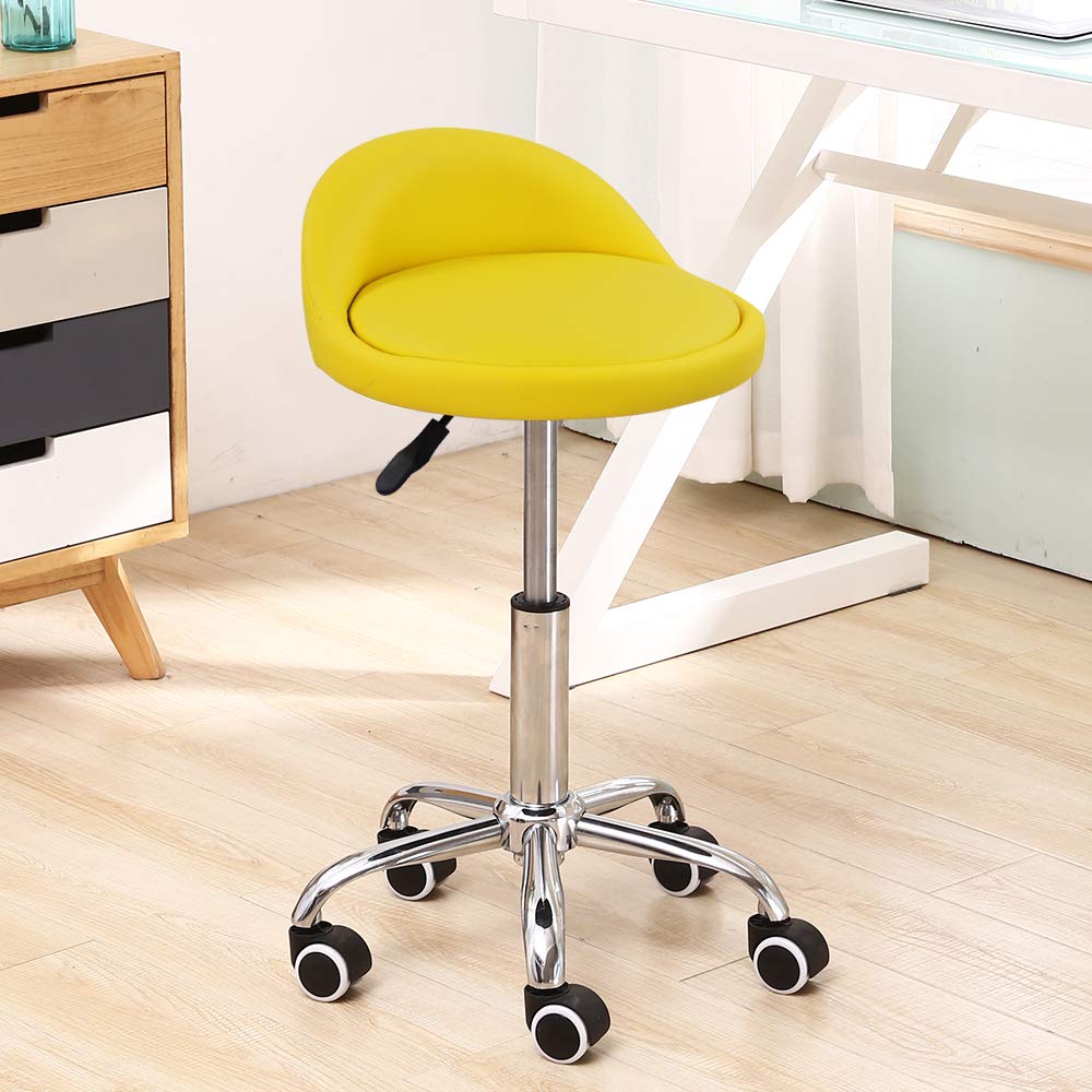 KKTONER Taburetes Giratorios con Respaldo Bajo Taburetes Redondos Rodantes Amarillo Taburete Silla con Ruedas para el Hogar Salón Facial SPA Masaje Tatuajes Trabajo