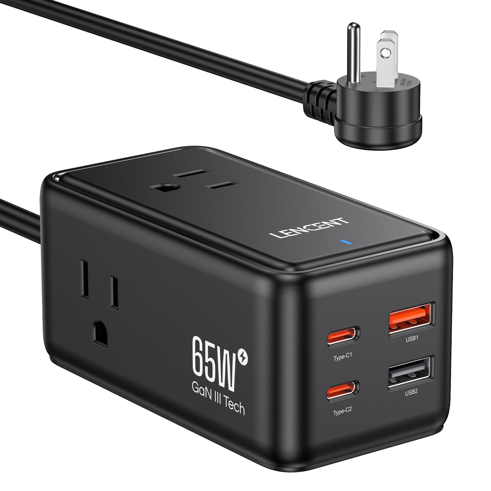 LENCENT Cargador USB C y PD 65W, Cargador Rápido GAN III Tech con 3 Tomas CA + 4 Puertos USB, Estación de Carga USB C de Cable para iPhone, iPad, Macbook, Galaxy, Huawei, Switch y más, Negro