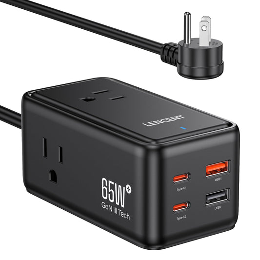 LENCENT Cargador USB C y PD 65W, Cargador Rápido GAN III Tech con 3 Tomas CA + 4 Puertos USB, Estación de Carga USB C de Cable para iPhone, iPad, Macbook, Galaxy, Huawei, Switch y más, Negro