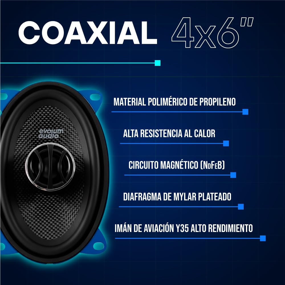 Evolum Audio - Kit Bocinas 2 Vías - Sonido Claro y Potente - Potencia RMS de 100 W - Gran Volumen y Claridad sin Distorsión - Fácil Instalación & Amplia Compatibilidad - Modelo Coaxial (4x6 in)