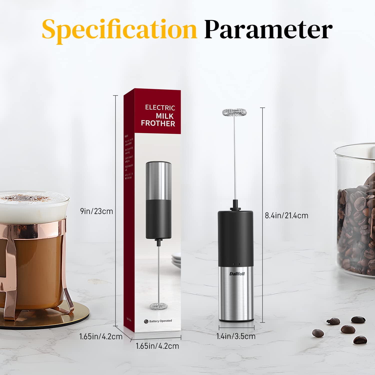 Dallfoll Espumador de Leche de Mano,Batidor Manual para Café, Lattes,Mini Espumador para Capuccino, Frappe, Matcha, Chocolate Caliente,Espumador Eléctrico de Mano a Pilas para Hacer Espuma