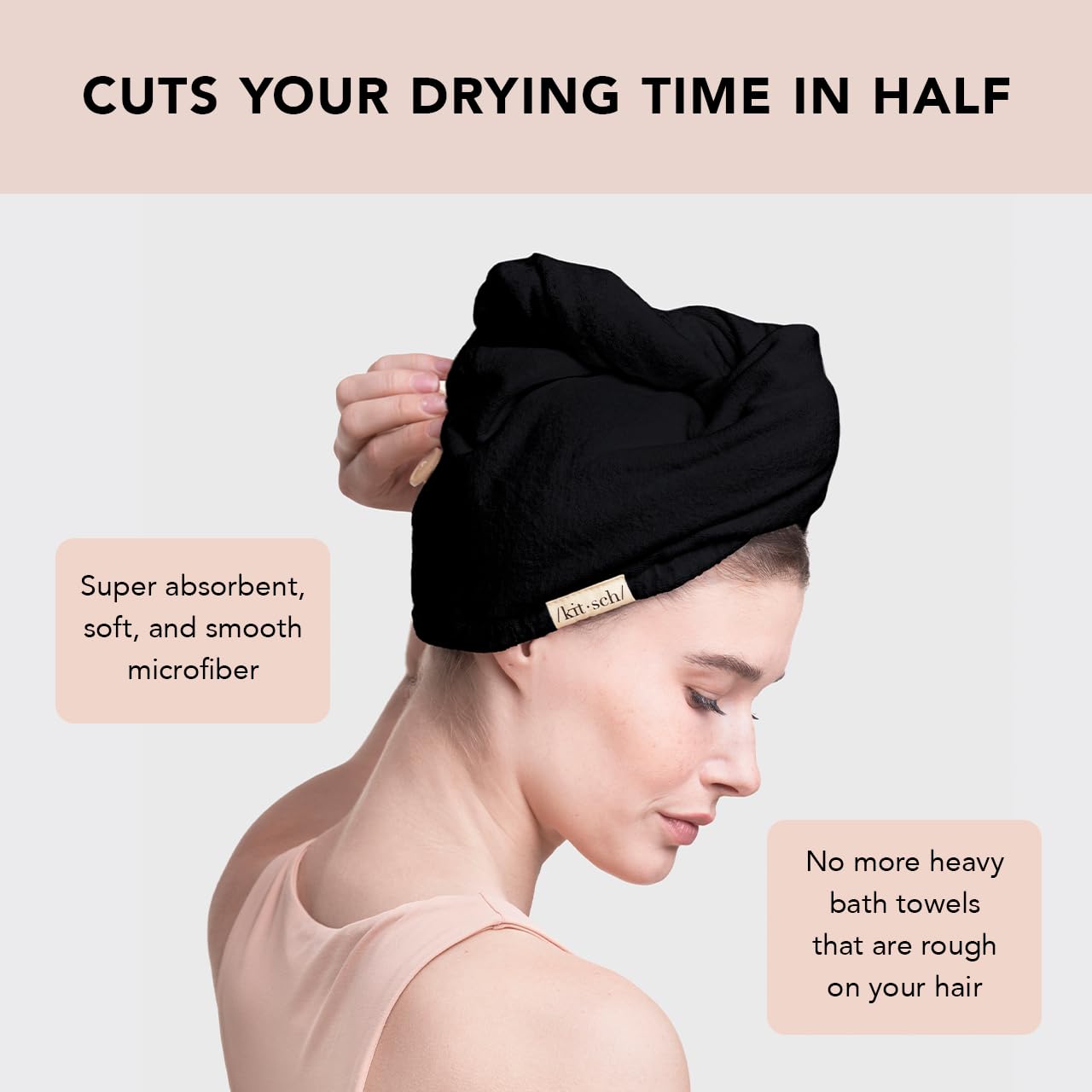 Kitsch Toalla de microfibra para el pelo para mujer, turbante de pelo para secar el cabello mojado, toallas de pelo f ciles de girar, toalla de microfibra s per absorbente y ultrasuave, toalla de pelo despu s del spa (negro)