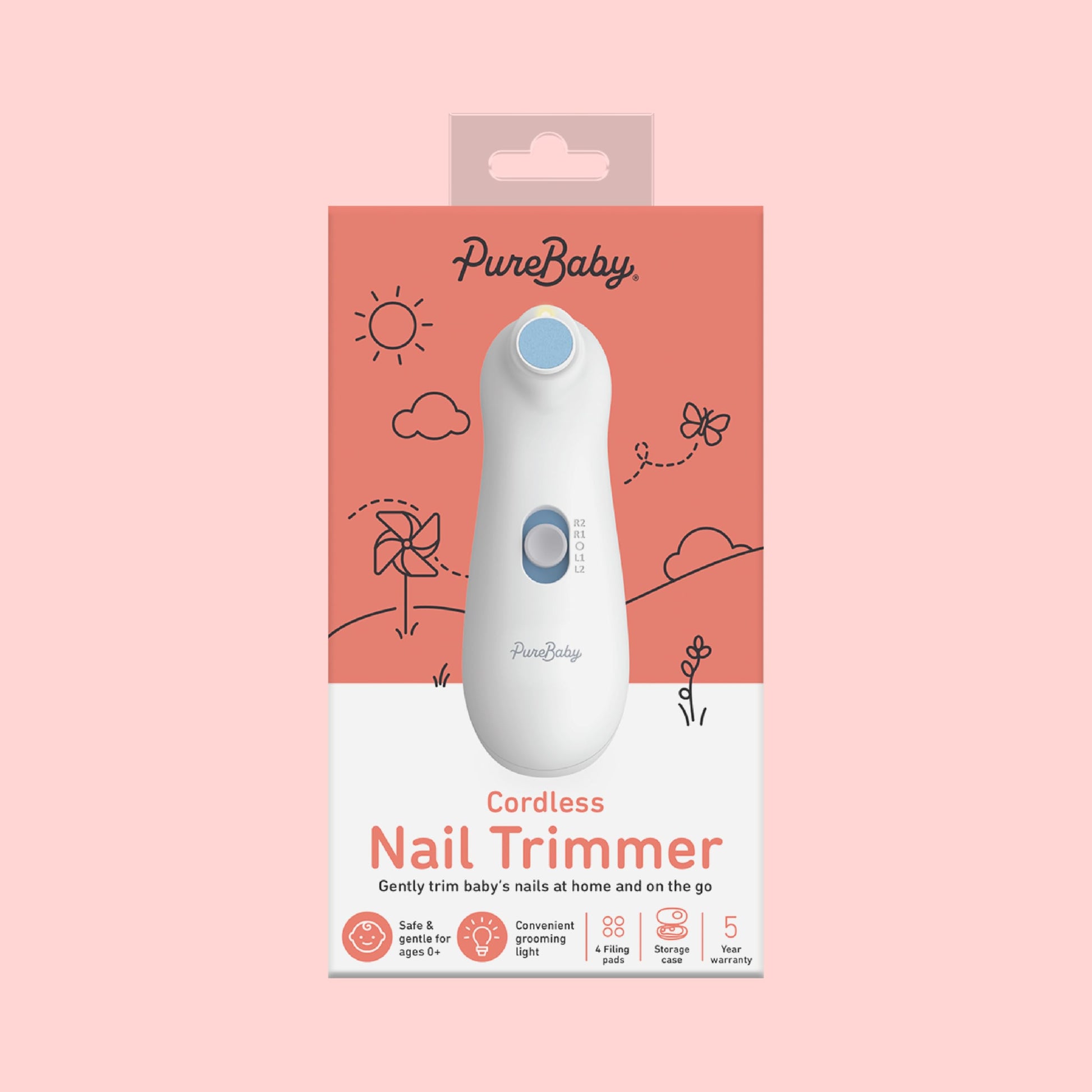 PureBaby® Cortadora de uñas eléctrica – 6 piezas Taladro de uñas inalámbrico, 4 accesorios, 2 velocidades, con archivador oculto y funda de transporte, ideal para recién nacidos y bebés