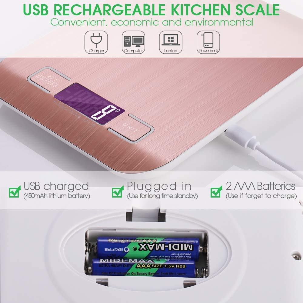 Báscula de Cocina con Carga USB Recargables 5kg / 11 lbs Peso Cocina Digital Balanza Alimentos de Acero inoxidable con Pantalla LCD Función de Tara (rosa)