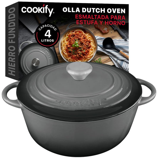 Cookify Olla de Hierro Fundido Esmaltado para Horno y Estufa, Horno Holandés Capacidad 4 Litros Dutch Oven (Gris, 24.8 cm)