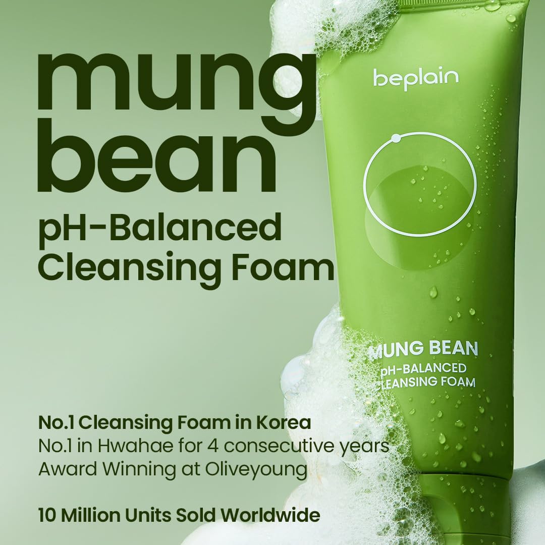 beplain Mung Bean pH-Balanced Cleansing Foam (5.4fl.oz/160ml) | Fragrance-Free | Non-Comedogenic Tested | Deep Pore Facial Cleanser | Suitable for Sensitive Skin | Face Mask Cleanser | Korean Skincare