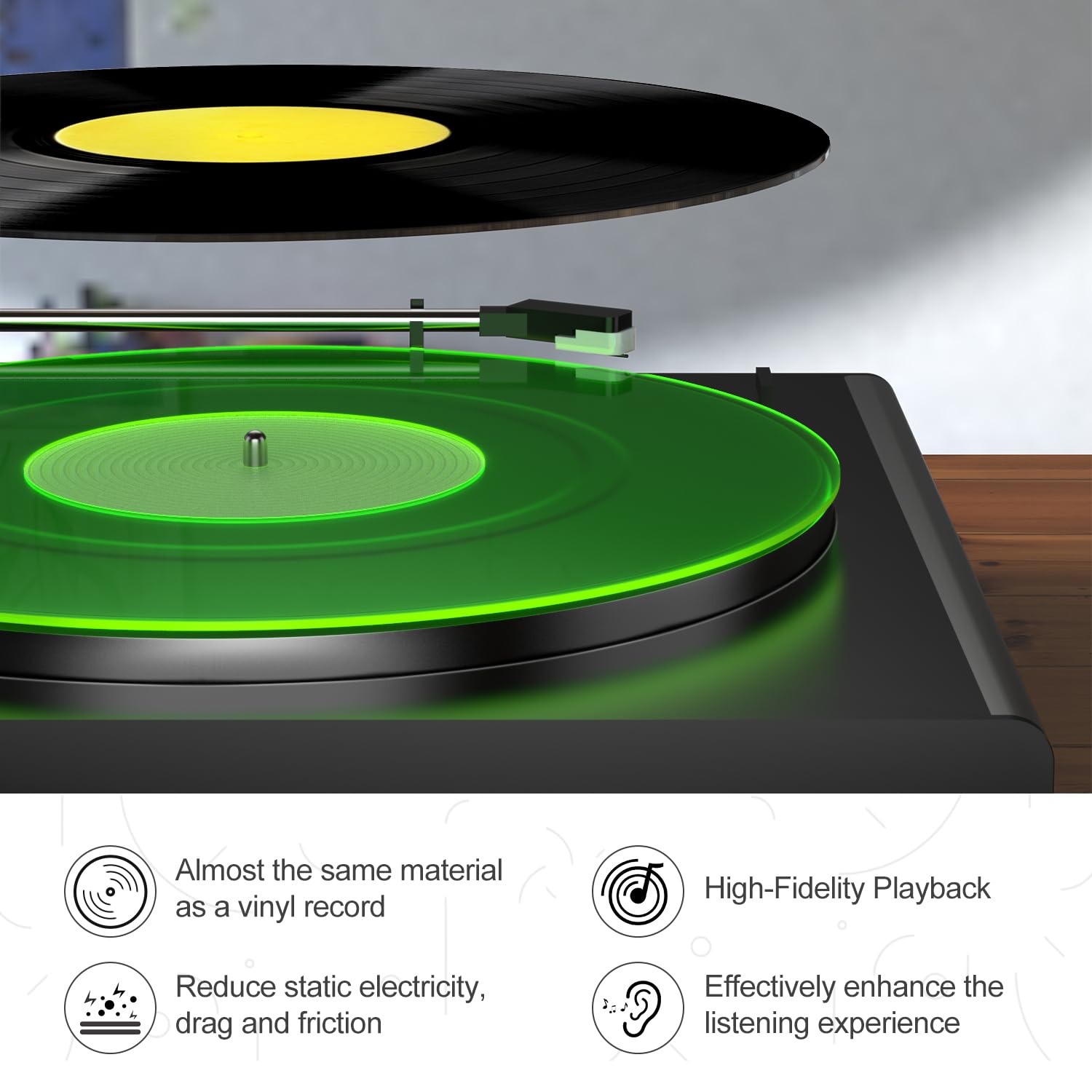 Tapete para Tocadiscos Vinilo Verde Antiestático y Bajo Definido