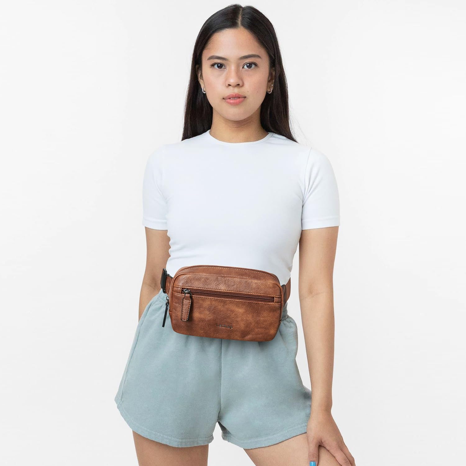 LATMAP - Riñonera de 2 L para todas partes, pequeña y a la moda, bandolera de piel sintética, impermeable, para mujer, a la moda, Marrón, Pequeño, Moda casual