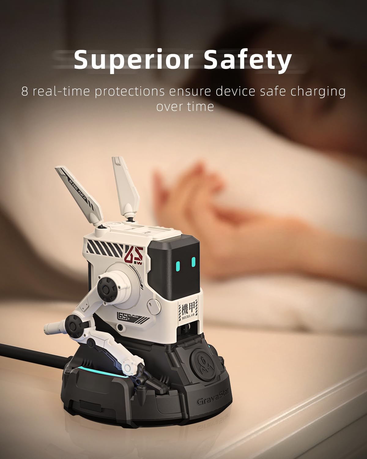 G GravaStar - GravaStar Cargador USB C de 65 W, Bloque de Cargador rápido GAN Robot Alpha65, Adaptador de Corriente rápido de 3 Puertos, Cargador USB C de Pared Compacto Plegable (Blanco)