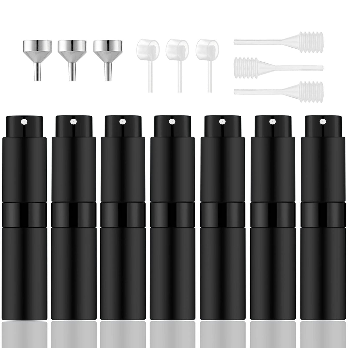 IRON BILL - 7 botellas atomizadoras portátiles de 8 ml, botella de spray vacía recargable con 3 tipos de herramientas de recarga, botellas de muestra de perfume de viaje de bolsillo