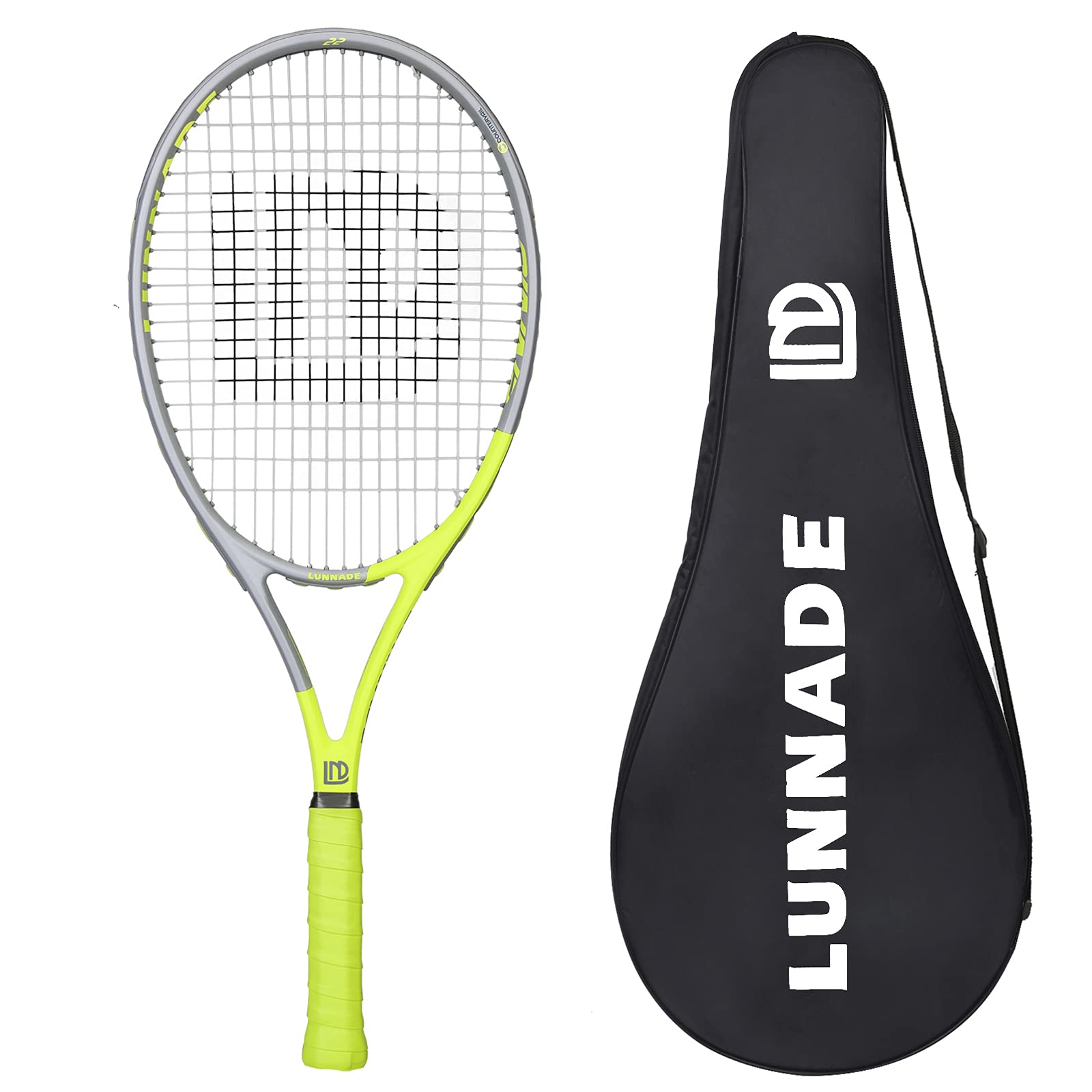 LUNNADE - Raqueta de tenis para adultos de 27 pulgadas, a prueba de golpes, de fibra de carbono, ligera, preencordada y regenerada, adecuada para principiantes a jugadores intermedios