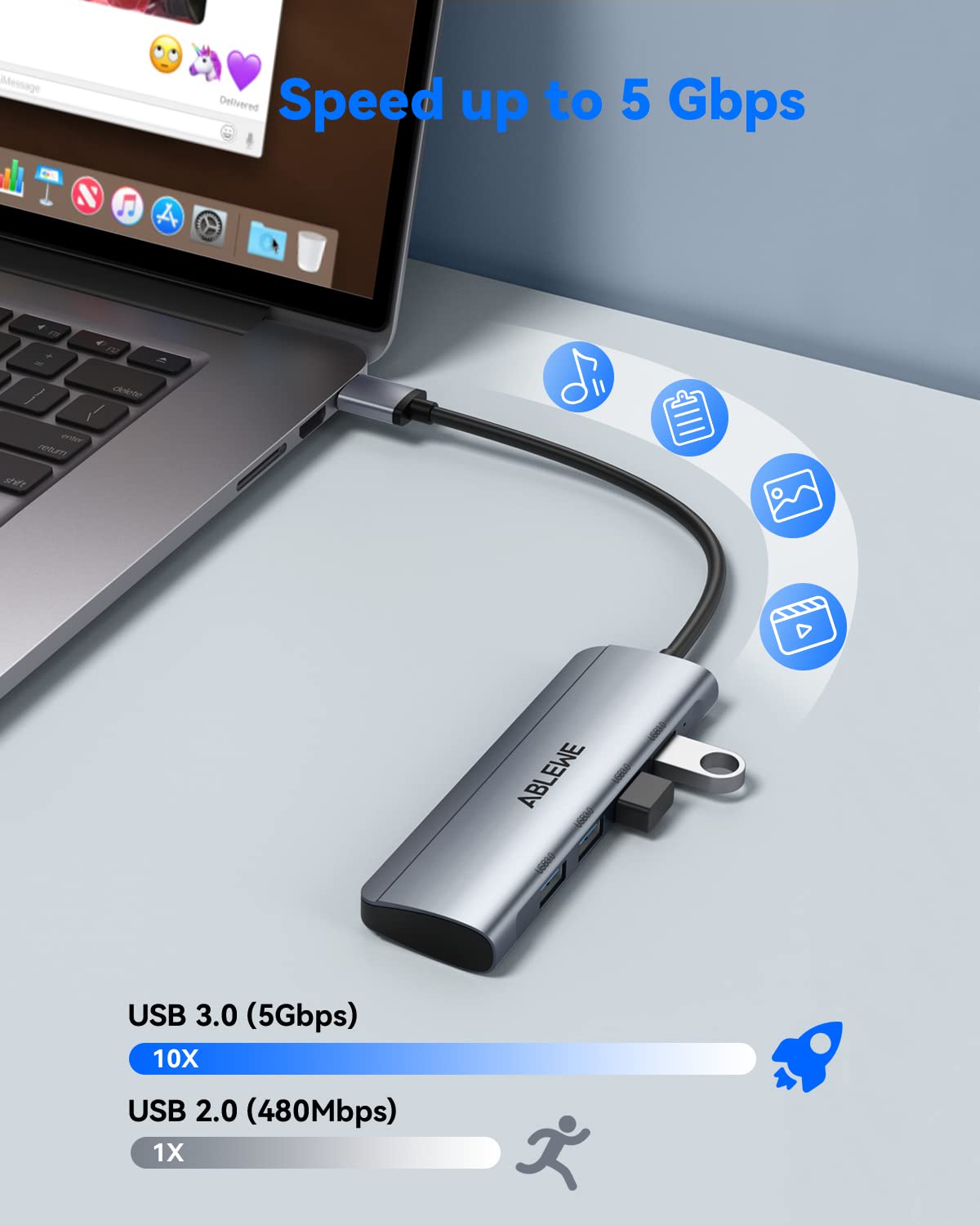Hub USB 3.0 | ABLEWE USB Hub con 4 Puertos USB 3.0 (5 Gbps), Ladron USB Multi USB Macho- para MacBook Air, Mac Pro, iMac, y Todas Las PC con Puertos USB, Hembra- para Teclados, Mouse, HDD Móvil, etc