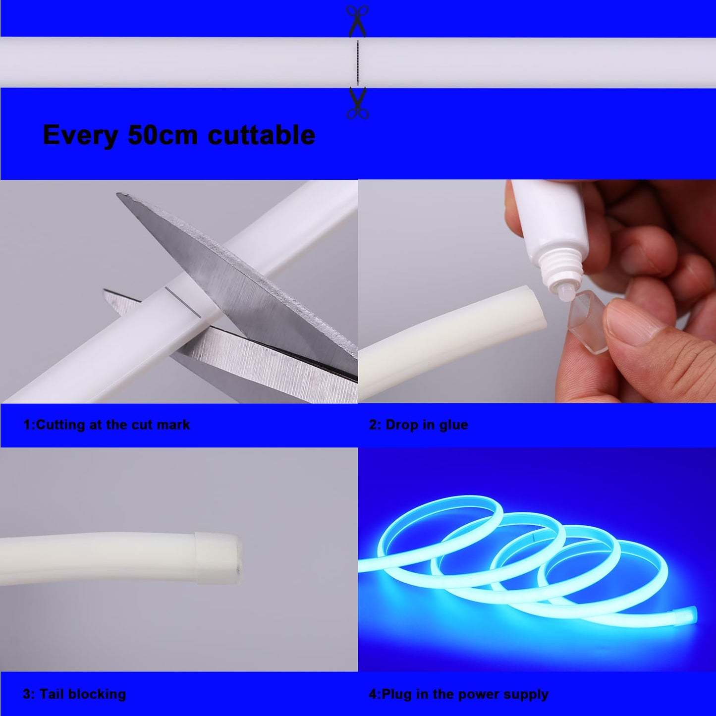 BENLUN Tira LED COB 110V 20 Metros, Azul Luces de LED Exterior Impermeable, 10W/M CRI 90+ Flexible Luz LED sin Transformador para Habitacion Techo, Decoración, Patio