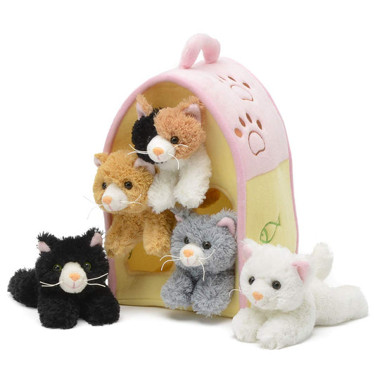 Unipak Casa de Gato de Felpa con Gatos, Cinco (5) Gatos de Peluche en casa de Gatitos