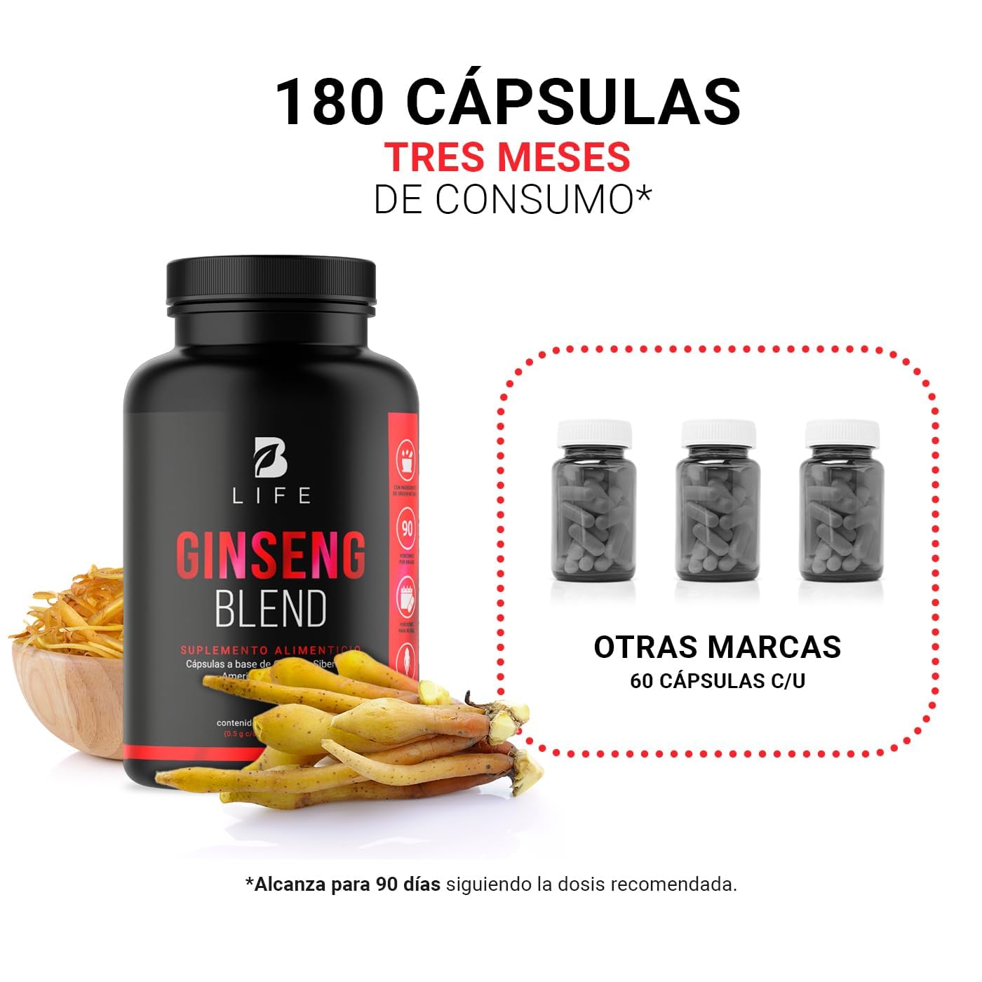 Ginseng: Siberiano, Americano y Koreano de 180 Cápsulas de 1000 mg por porción. Ingredientes naturales. Ginseng Blend B Life.
