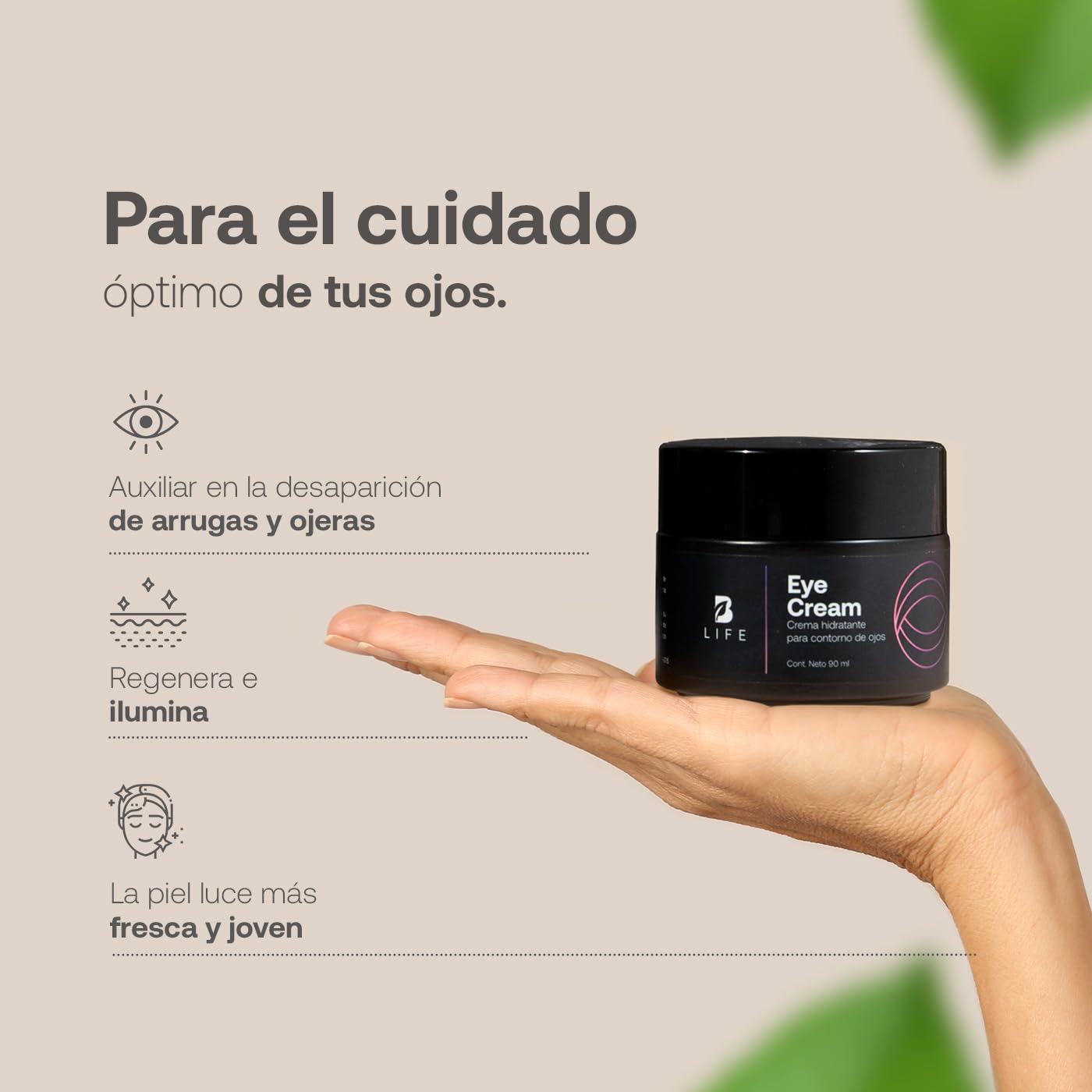 Crema para Ojos de 90 ml. Hidratante con Cafeína, Ácido Hiaulorónico y Extracto de Aloe Vera, Skincare de Ojos Antiarrugas. Eye Cream B Life.